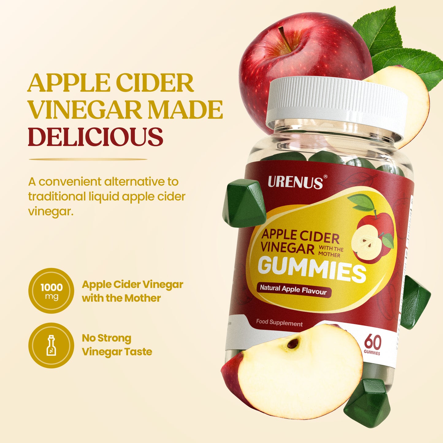 Apple Cider Vinegar Gummies with Vitamin C, B6 & Chromium – 60 Gummies